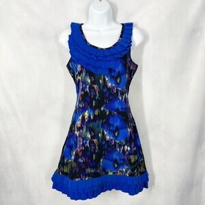 A|wear Sleeveless Abstract Print Blue Ruffle Collar Mini Dress Women's Size 8‎